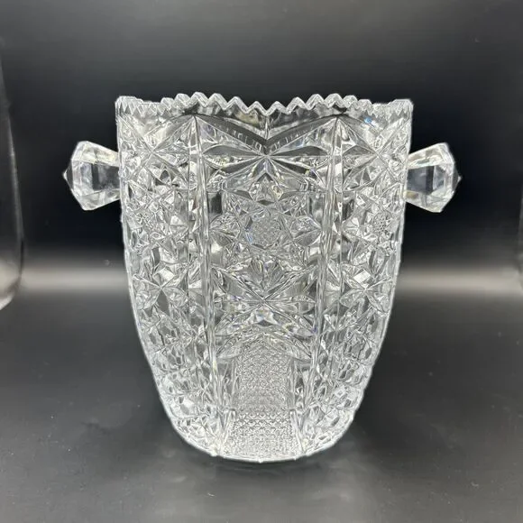 Ice Bucket Crystal Clear Glass w/Saw Tooth Edges & Knob Handles Vintage - Picture 2 of 9